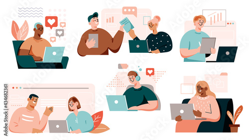 Working from home. People working at home. Coworking space,Young people freelancers working with laptop at home, Online job and home office concept, Social marketing with concept vector illustration. 