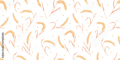 Seamless pattern with whole grain seeds organic, natural ears isolated on white background flat style design vector illustration. Wheat, barley or rye ears with straw chaotic version.