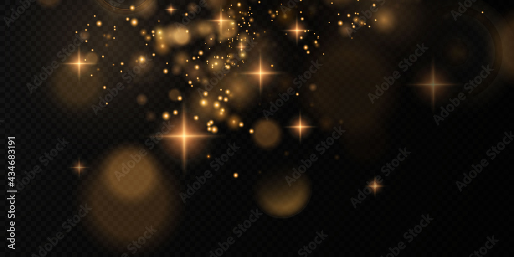 Glittering particles of fairy dust. Magic concept. Abstract festive background. Christmas background. Space background. Gold dust PNG.