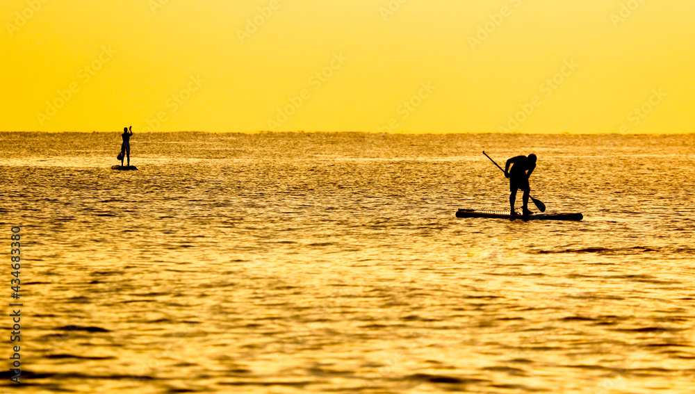 A man and a girl on a board with a paddle float on the sea