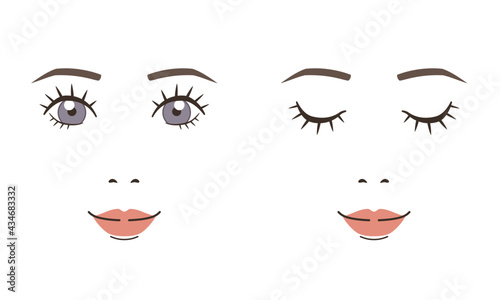 Young woman's face without contour isolated on white background. Open eyes and closed eyes. Vector illustration.
