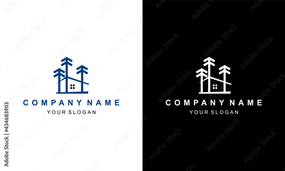 Ilustration vector graphic of pine tree and house logo design inspiration Ilustration vector graphic of pine tree and house logo design inspiration