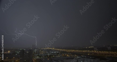 Real flashes of lightning over the city during a powerful thunderstorm.