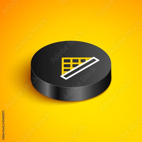 Isometric line Louvre glass pyramid icon isolated on yellow background. Louvre museum. Black circle button. Vector