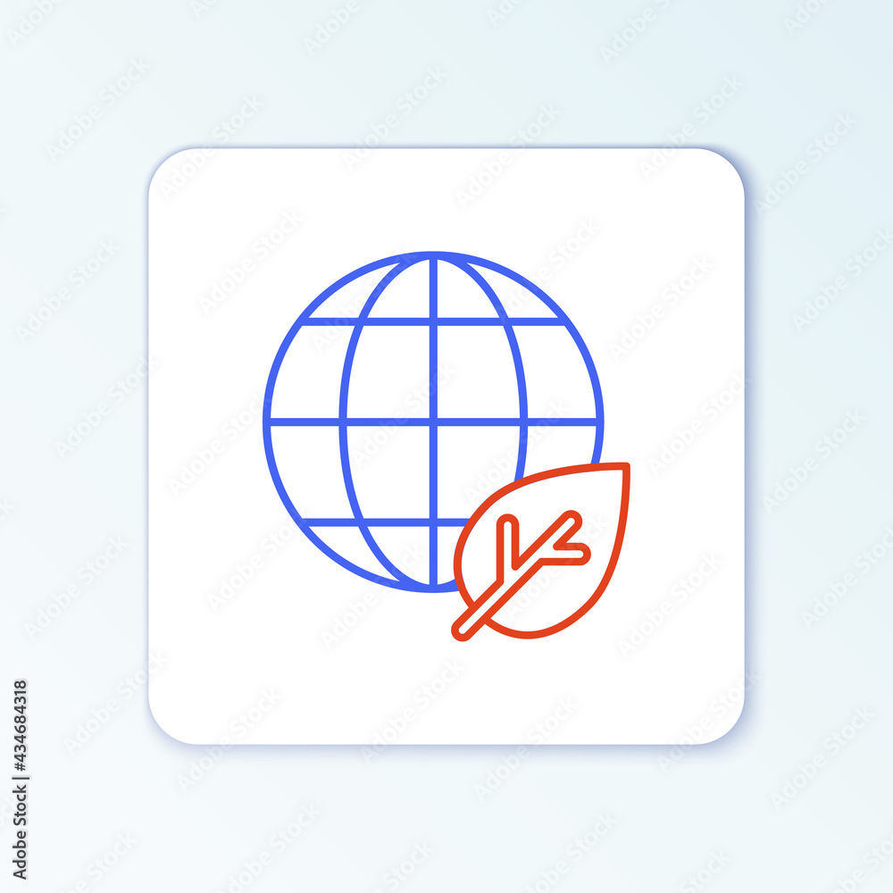 Line Earth globe and leaf icon isolated on white background. World or Earth sign. Geometric shapes. Environmental concept. Colorful outline concept. Vector Line Earth globe and leaf icon isolated on white background. World or Earth sign. Geometric shapes. Environmental concept. Colorful outline concept. Vector