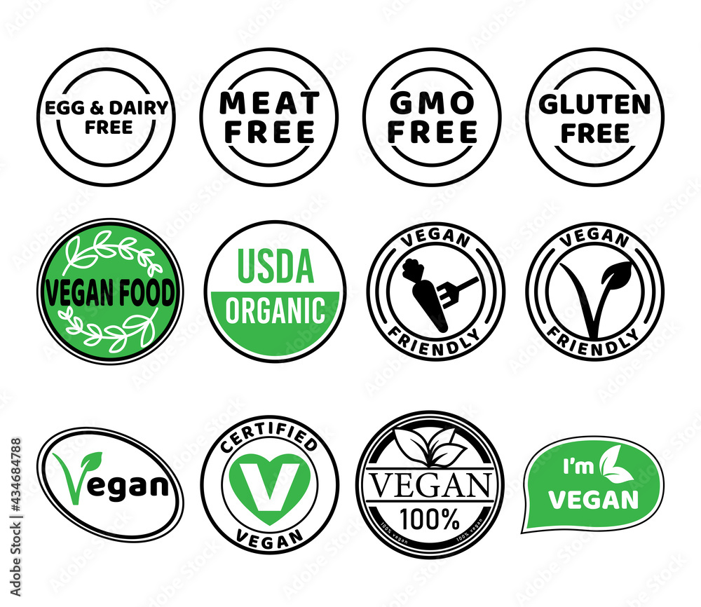 Obraz premium Vegan icon set. Bio, Ecology, Organic logos and icon, label, tag. Green leaf icon on white background.