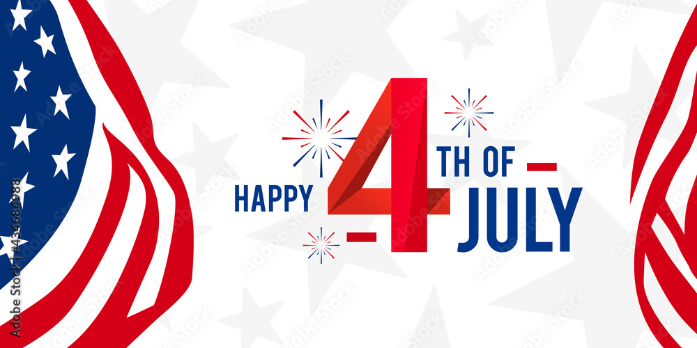Happy 4th of July design with modern design with a firework on American waving flag promotion advertising banner template for Brochures, Poster with balloons. Vector illustration.
