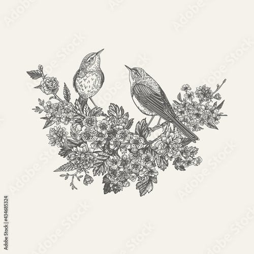 Composition with flowering trees and birds.