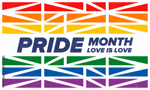 LGBTQIA Pride Month in June. Lesbian Gay Bisexual Transgender. Celebrated annual. LGBT flag. Rainbow love concept. Human rights and tolerance. Poster, card, banner and background. Vector illustration