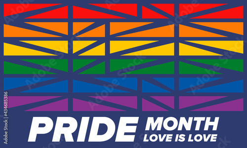 LGBTQIA Pride Month in June. Lesbian Gay Bisexual Transgender. Celebrated annual. LGBT flag. Rainbow love concept. Human rights and tolerance. Poster, card, banner and background. Vector illustration