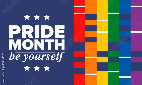 LGBTQIA Pride Month in June. Lesbian Gay Bisexual Transgender. Celebrated annual. LGBT flag. Rainbow love concept. Human rights and tolerance. Poster, card, banner and background. Vector illustration