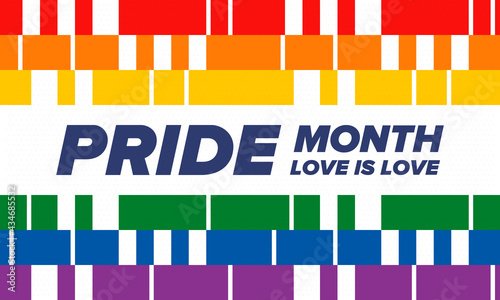 LGBTQIA Pride Month in June. Lesbian Gay Bisexual Transgender. Celebrated annual. LGBT flag. Rainbow love concept. Human rights and tolerance. Poster, card, banner and background. Vector illustration
