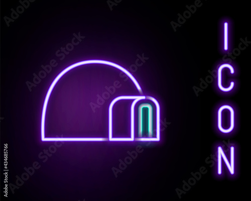 Glowing neon line Igloo ice house icon isolated on black background. Snow home, Eskimo dome-shaped hut winter shelter, made of blocks. Colorful outline concept. Vector