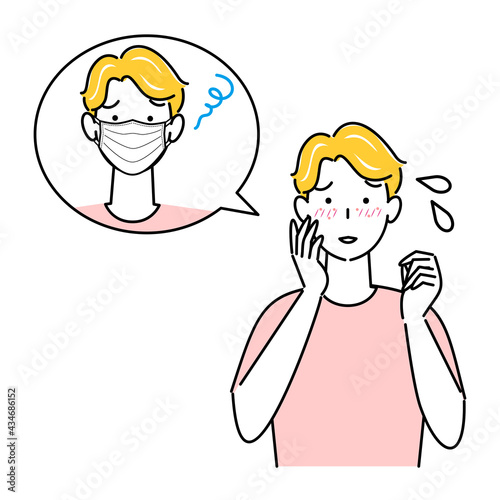 スキンケア マスクの着用が原因で肌荒れになった男性 イラスト シンプル ベクター 