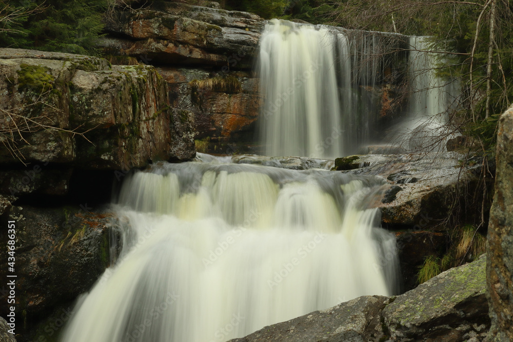 Waterfalls in the woods on a small stream. Jedlová in the Jizera Mountains. Waterfalls in the woods on a small stream. Jedlová in the Jizera Mountains.