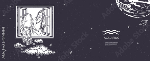 Zodiac sign Aquarius. A girl stands at the window and pours water from a jug.