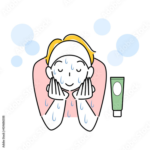 スキンケア 洗顔をしている男性 泥パックを洗い流している イラスト シンプル ベクター
