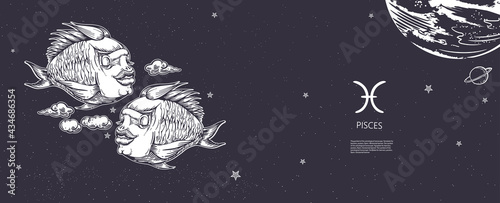 Pisces zodiac sign. The symbol of the astrological horoscope. Hand-drawn illustration.