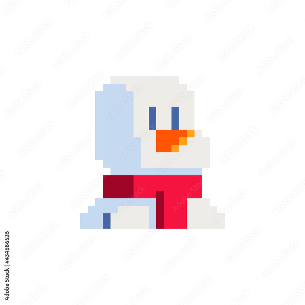 Funny cool snowman character. Avatar, portrait, profile picture. Pixel art. Design of 80s. Flat style. Game assets. 8-bit. Isolated vector illustration. Funny cool snowman character. Avatar, portrait, profile picture. Pixel art. Design of 80s. Flat style. Game assets. 8-bit. Isolated vector illustration.