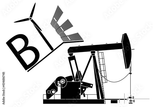 Adiós al petróleo. Bomba de extracción de petróleo acompañado por la palabra adiós en blanco y negro sobre fondo blanco