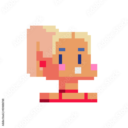 Young girl blonde female character. Pixel art. Flat style. Avatar, portrait, profile picture. Design of 80s. Game assets. 8-bit. Isolated vector illustration.