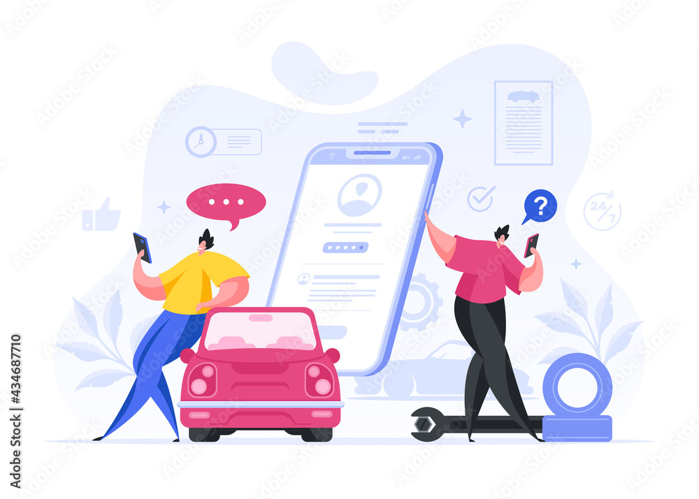 Colorful vector illustration of cartoon men asking and answering questions about car repair service while using modern mobile application on smartphones
