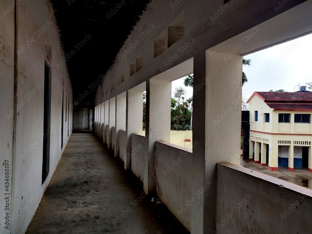 Empty Walkway in an old school corridor in an Indian village Bihar