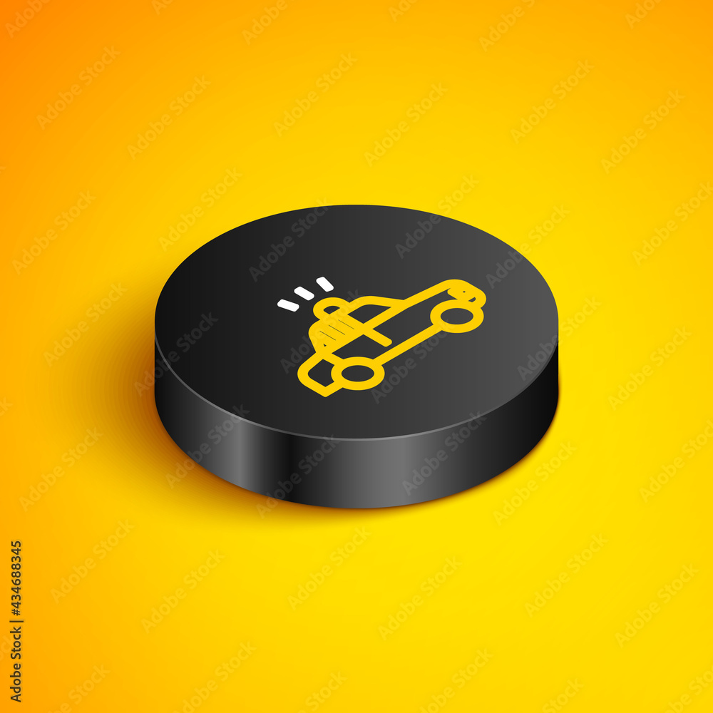 Isometric line Police car and police flasher icon isolated on yellow background. Emergency flashing siren. Black circle button. Vector Isometric line Police car and police flasher icon isolated on yellow background. Emergency flashing siren. Black circle button. Vector