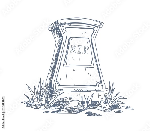 Tombstone with RIP inscription. Rest in Peace on gravestone. Sketch of headstone of tomb drawn in vintage style. Cemetary funeral art. Drawing vector illustration isolated on white background