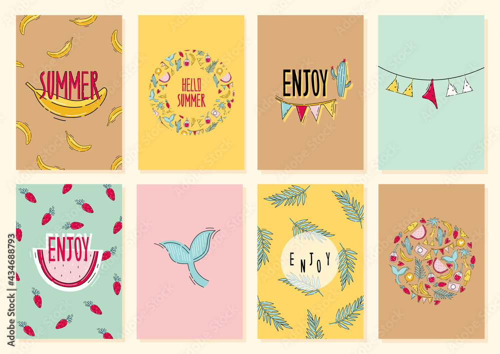 Summer card collection with fruit. Birthday card and trendy posters with lettering in flat doodle style