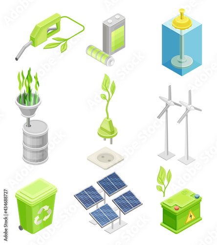 Renewable Green Energy Source with Wind Generator and Solar Panel Isometric Vector Set