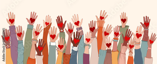Group of arms and hands raised. Diverse people with heart in hand. Charity donation and volunteer work. Support and assistance. Multicultural and multiethnic community. People diversity