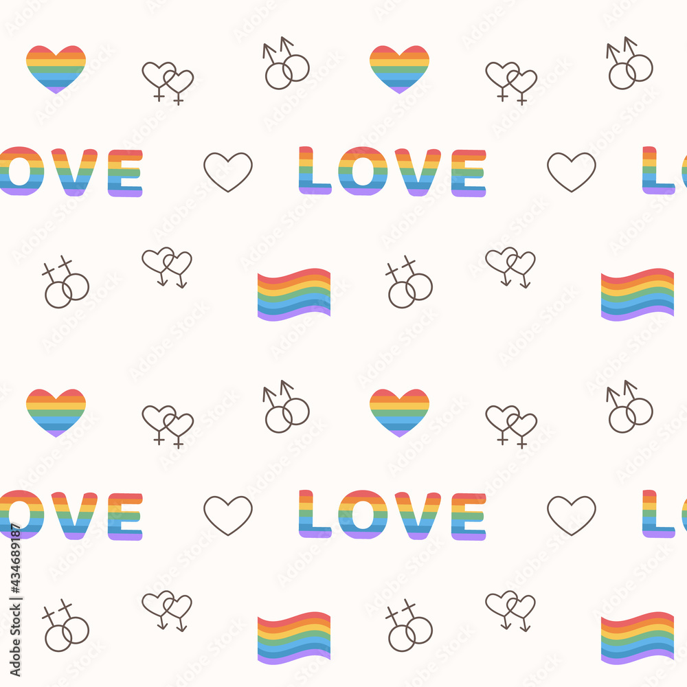 Seamless pattern with same sex signs. LGBT marriage outline icons. Background with lined art elements for queer community. Rainbow flag. Pride day. Gay parade. Flat style Illustration.