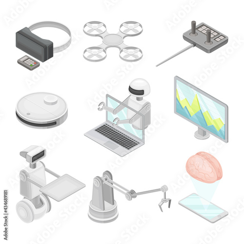 Robotic Technology with Electronic Equipment and Artificial Intelligence Like Smartphone and Automatic Hand Isometric Vector Set