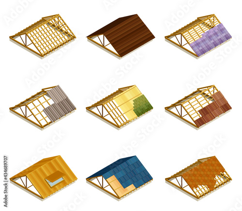 Roof as House Top Covering and Part of Building Envelope Isometric Vector Set