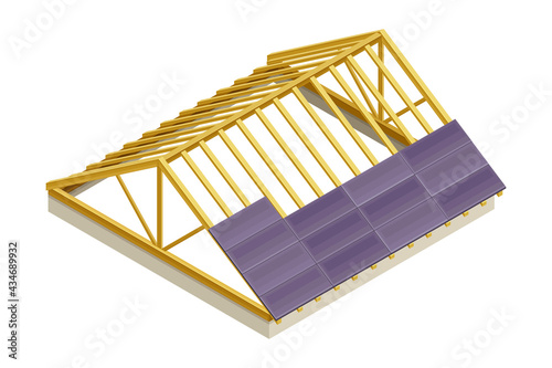 Framed Roof as House Top Covering with Tile Coating Isometric Vector Illustration