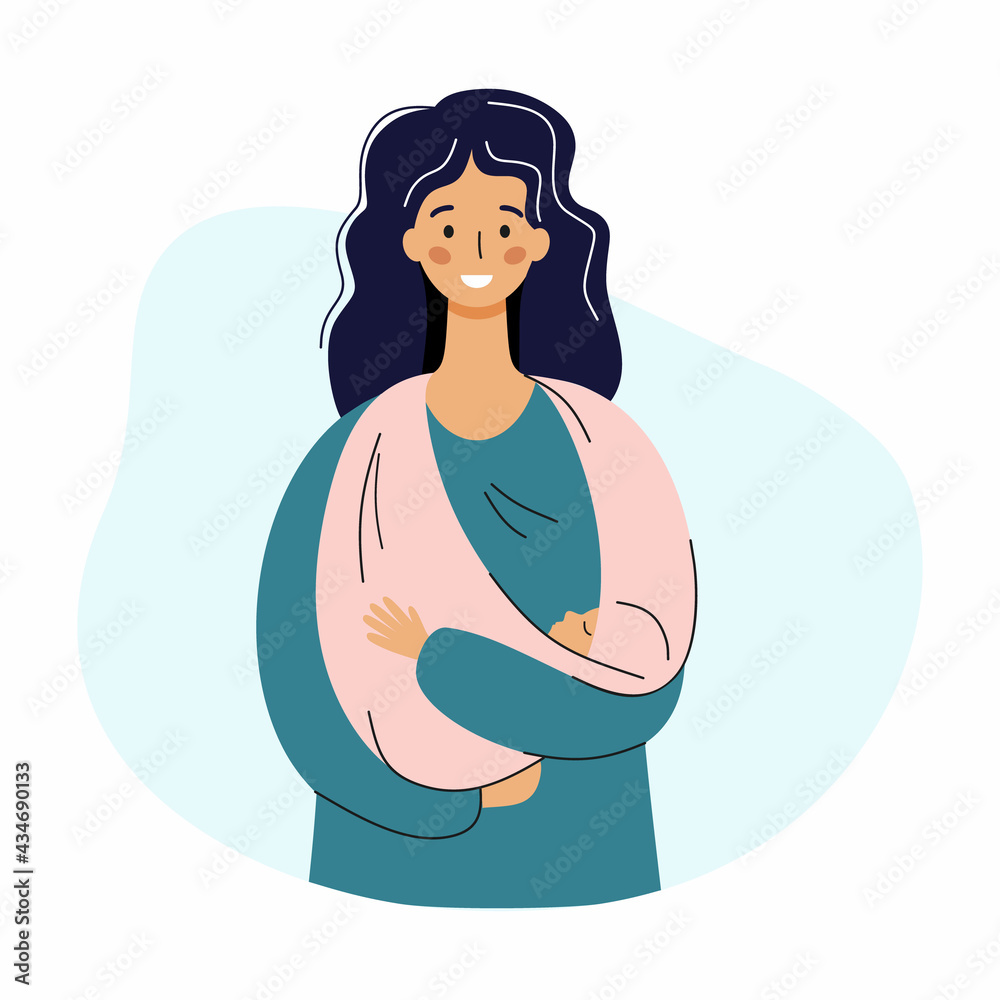 Young mother and child in sling. Woman holds baby in her arms. Vector  character in cartoon style. Stock Vector | Adobe Stock