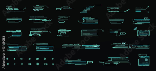 Vector set HUD callouts and pointers. Callout headers, Sci-Fi style frames. Information panels for calls, modern information. Holographic elements HUD, GUI, UI.  Modern digital panels for the interfac