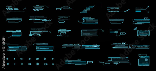 Vector set HUD callouts and pointers. Callout headers, Sci-Fi style frames. Information panels for calls, modern information. Holographic elements HUD, GUI, UI.  Modern digital panels for the interfac