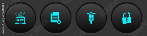 Set Computer api interface, Document and lock, Electric scooter and Broken or cracked icon. Vector