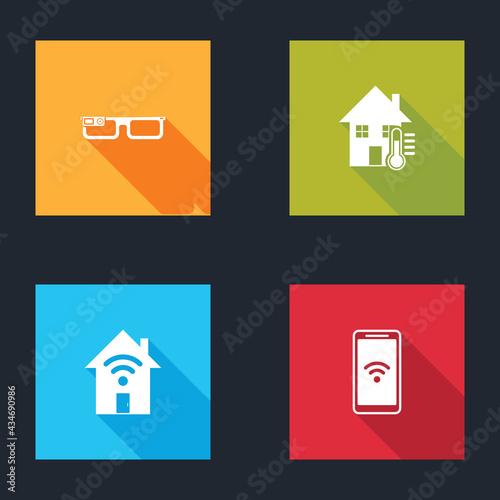 Set Smart glasses, House temperature, home with wi-fi and Mobile wireless icon. Vector