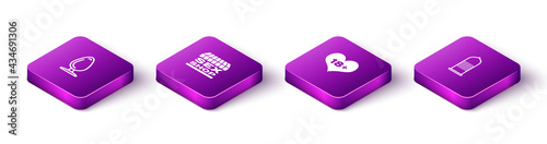 Set Isometric Anal plug, Sex shop building, 18 plus content heart and Condom safe sex icon. Vector