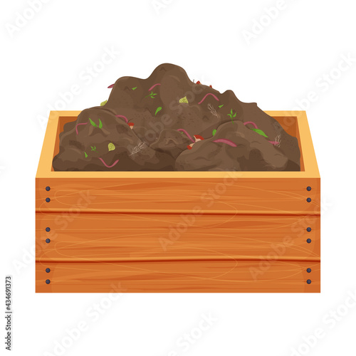 Compost pile with organic garbage and earthworms in wooden box in cartoon style isolated on white background. Recycle process, gardening.