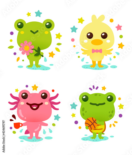 Sweet pond woodland animals. Cute frog, duck, axolotl and turtle characters for children and baby purposes