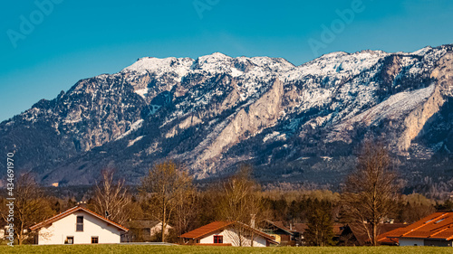 Beautiful spring landscape near Piding, Berchtesgaden, Bavaria, Germany with the famous Untersberg summit in the background