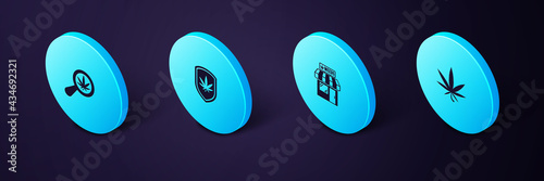 Set Isometric Marijuana or cannabis leaf, and store, Shield marijuana and Magnifying glass icon. Vector