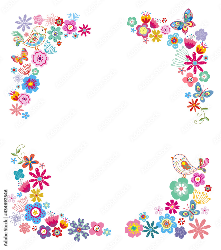 decorative elements for corners and frames consisting of colorful flowers, birds and butterflies decorative elements for corners and frames consisting of colorful flowers, birds and butterflies