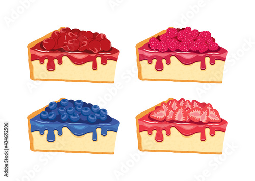 Berry fruits cakes icon set vector. Delicious fresh berry fruits cake icon isolated on a white background. Cherry, raspberry, blueberry, strawberry cake vector. Slice of juicy cakes icons