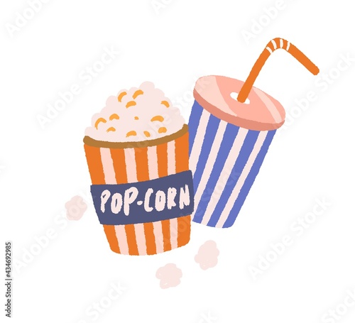 Full popcorn bucket and soda drink cup with straw in retro style. Pop-corn box and beverage. Cinema food concept. Colorful flat vector illustration of movie snacks isolated on white background