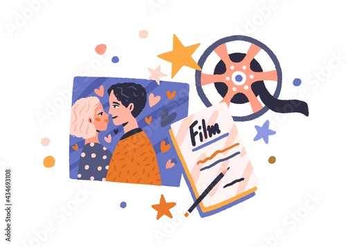 Love story cinema concept. Romantic screenplay, hearts, filmstrip, and film r...